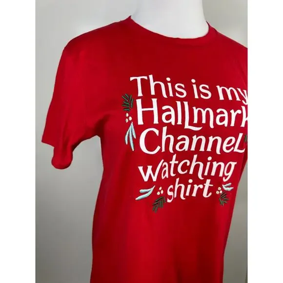 ✨2/$20 Hallmark Embroidered Red Holiday Festive Movie Watching Cotton T-Shirt XL - Picture 4 of 10